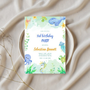 Invitation Sous l'aquarelle de mer Animaux 3e anniversaire