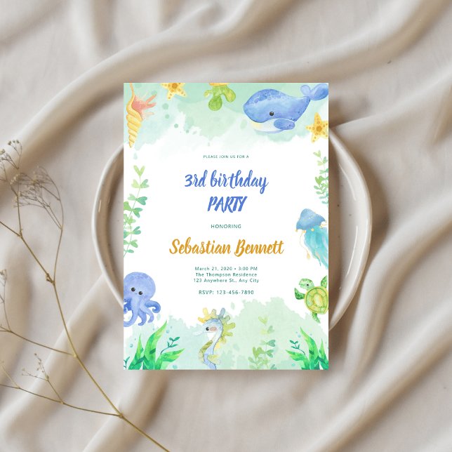 Invitation Sous l'aquarelle de mer Animaux 3e anniversaire (Créateur téléchargé)