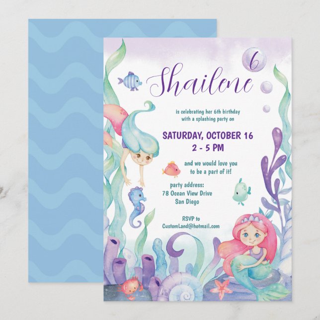Invitation Sous L'Aquarelle De Mer Fête Anniversaire En (Devant / Derrière)