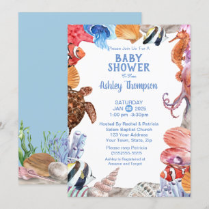 Invitation Sous le Baby shower bleu Sea Life