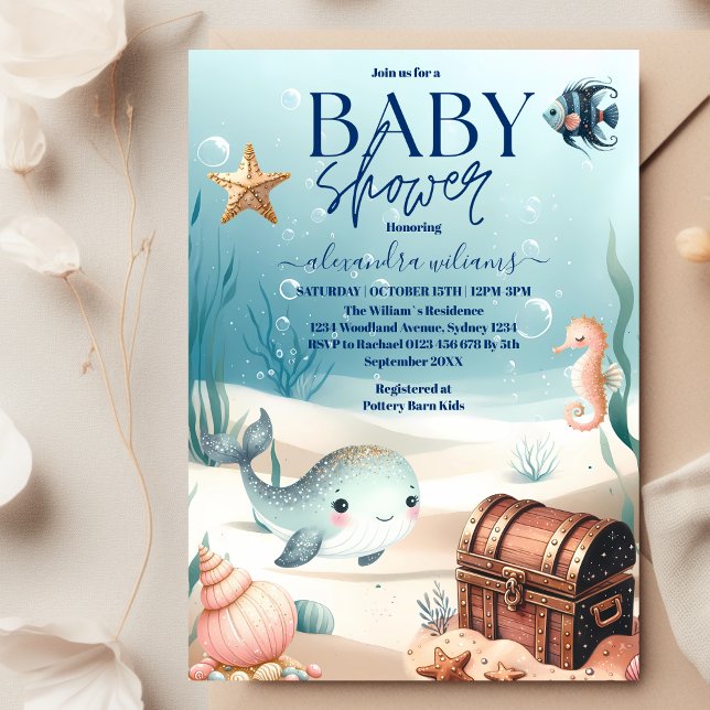 Invitation Sous le Baby shower d'aquarelle bleu marine (Créateur téléchargé)