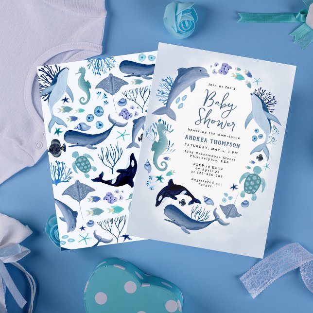 Invitation Sous le Baby shower d'aquarelle bleu marine pour g (Créateur téléchargé)
