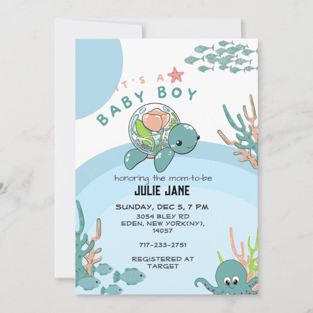 Invitation Sous le Baby shower d'aquarelle bleu marine pour g (Devant)