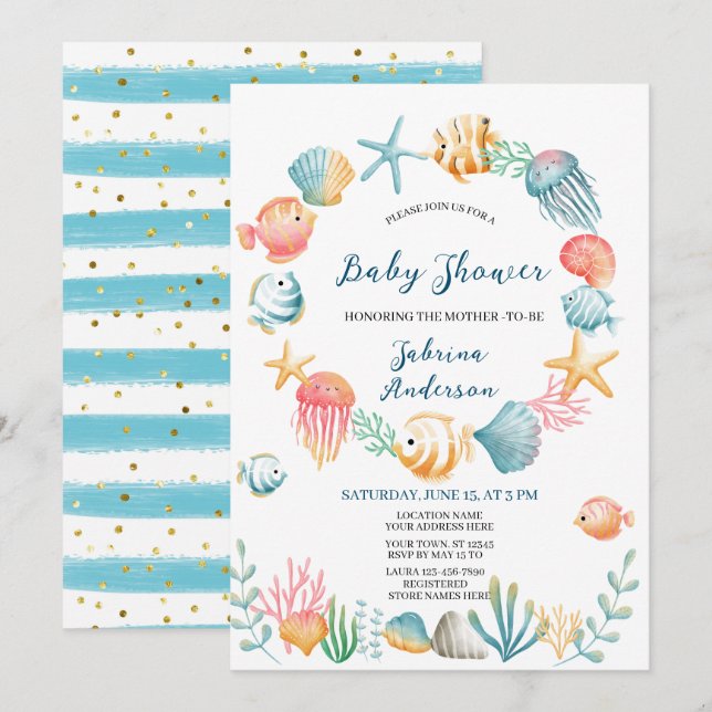 Invitation Sous le Baby shower d'aquarelle de l'océan marin (Devant / Derrière)