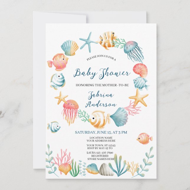 Invitation Sous le Baby shower d'aquarelle de l'océan Mer Inv (Devant)