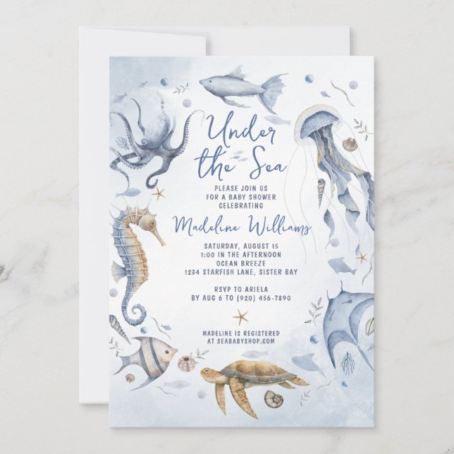 Invitation Sous le Baby shower d'aquarelle de mer (Devant)