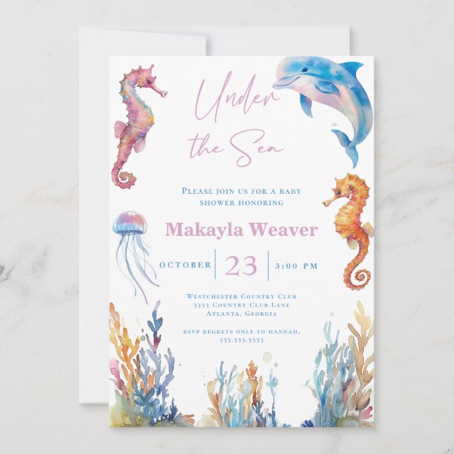 Invitation Sous le Baby shower d'aquarelle des animaux marins (Devant)