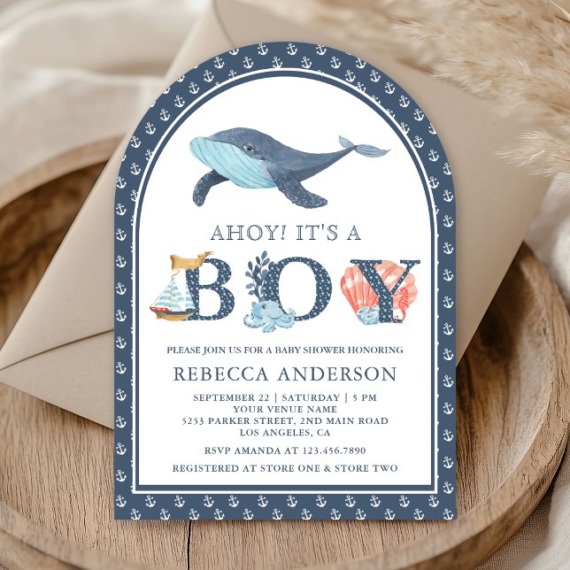 Invitation Sous le Baby shower d'arc nautique de baleine mari (Créateur téléchargé)