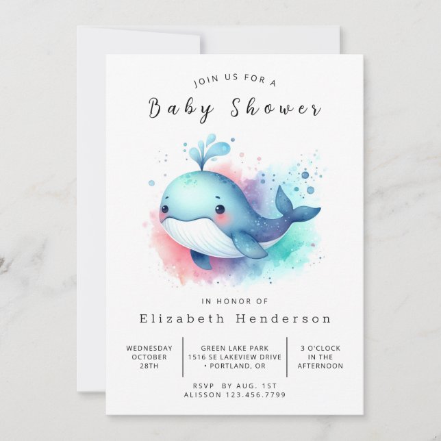 Invitation Sous le Baby shower de baleines modifiables en mer (Devant)