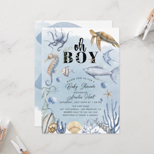 Invitation Sous le Baby shower de la mer (Devant/Arrière en situation)