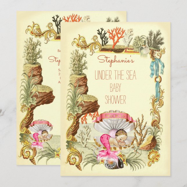 Invitation Sous le Baby shower de la princesse de sirène de m (Devant / Derrière)