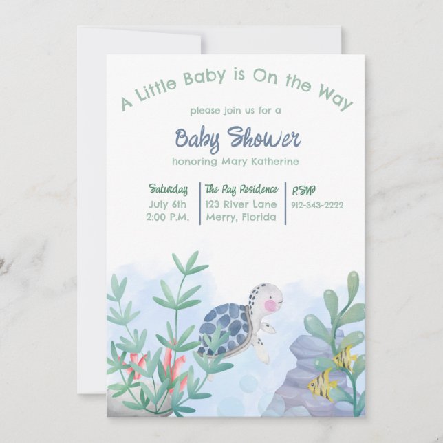 Invitation Sous le Baby shower de la tortue de mer (Devant)