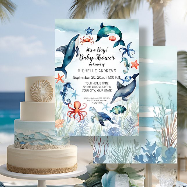 Invitation Sous le Baby shower de la tortue de mer Dolphin Bl (Créateur téléchargé)