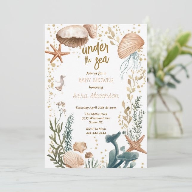 Invitation Sous le baby shower de mer coquillages de poisson  (Debout devant)