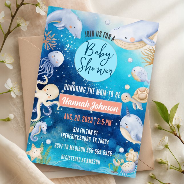 Invitation Sous le Baby shower des baleines d'animaux marins (Under the Sea Ocean Animals Baby Boy Girl Baby Shower Invitation)