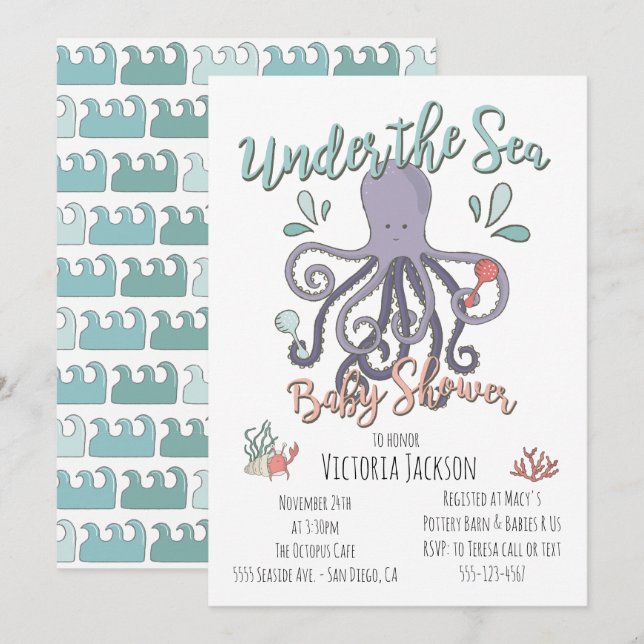 Invitation Sous le Baby shower des pieuvres de mer (Devant / Derrière)