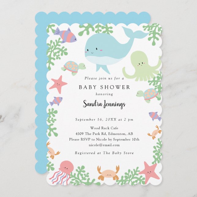 Invitation Sous le Baby shower marin Neutre Pastel Cute (Devant / Derrière)