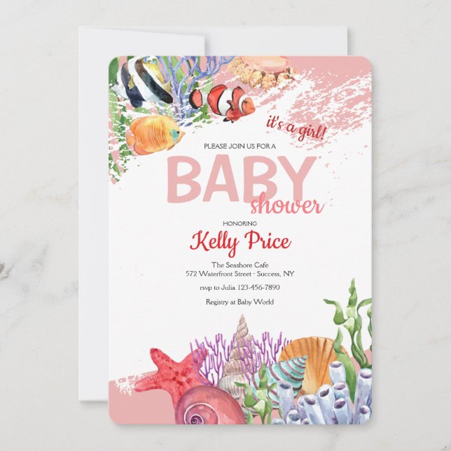 Invitation Sous le Baby shower rose de la mer (Devant)
