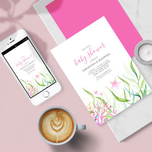 Invitation Sous le Baby shower rose et vert de la mer