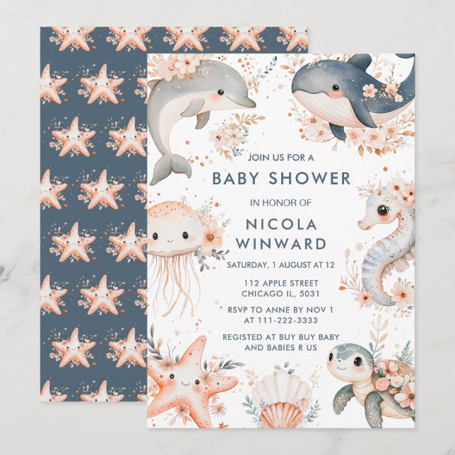 Invitation Sous le Baby shower Sea Animals (Devant / Derrière)