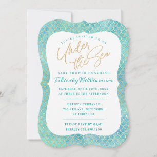 Invitation Sous le Baby shower Sea Aqua Blue Mermaid Scales