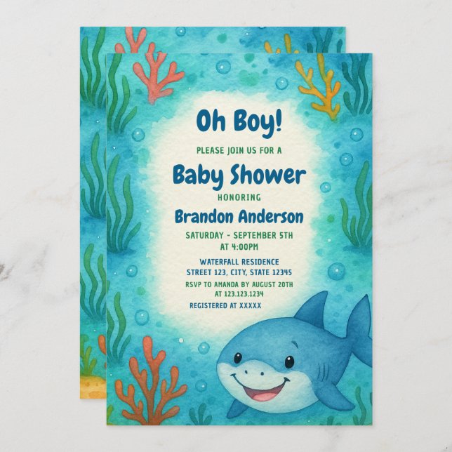 Invitation Sous le Baby shower Sea Cute Shark Boy (Devant / Derrière)
