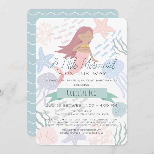 Invitation Sous le Baby shower Sea Mermaid Green Drive-by I (Devant / Derrière)