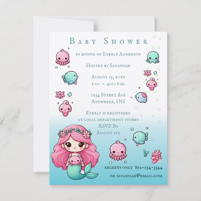Invitation Sous le Baby shower Sea Mermaid & Sea Creatures (Devant)