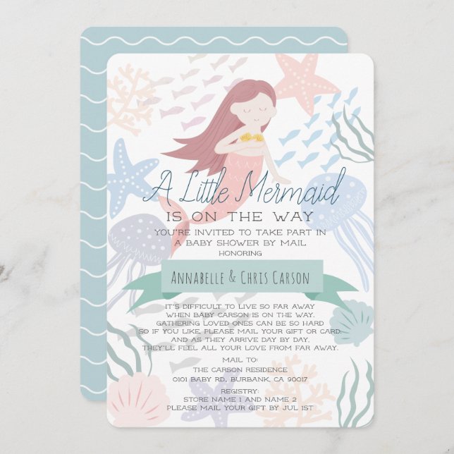 Invitation Sous le Baby shower vert de la sirène de mer par c (Devant / Derrière)
