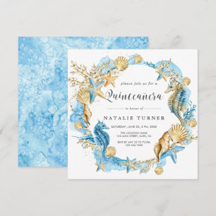 Invitation Sous le Carré Sea Blue & Gold Quinceañera