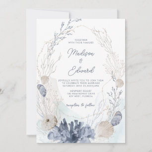 Invitation Sous le Mariage Sea Blue Watercolor Coral Shells