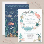 Invitation Sous le script du Baby shower d'animaux de l'océan<br><div class="desc">Créez l'invitation baby shower parfaite avec adorable moderne sous le design de la mer avec une "couronne" d'animaux peints à la main de l'océan, dont une baleine, un corail, une pieuvre et plus, avec typographie de script lettrée à la main. L'arrière de la carte présente une illustration sous la mer....</div>