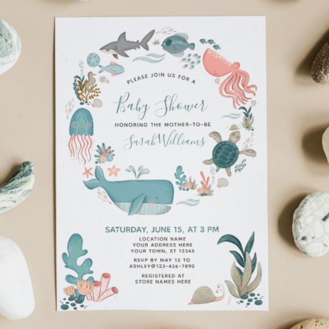 Invitation Sous le script du Baby shower d'animaux de l'océan (Créateur téléchargé)