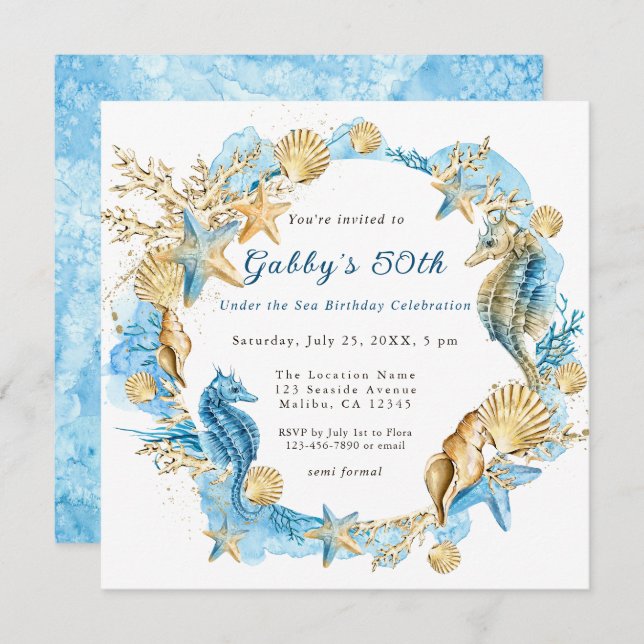Invitation Sous le Sea Blue Gold fête d'anniversaire (Devant / Derrière)