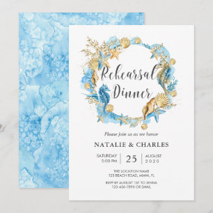 Invitation Sous le Sea Blue Gold Rehearsal Dinner