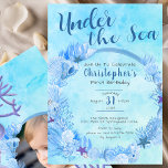 Invitation Sous le Sea Cute Blue Boy fête son 1er anniversair<br><div class="desc">Cette mignonne invitation à l'anniversaire "Under the sea", aux coquillages, aux algues et à l'illustration de corail est parfaite pour la fête d'anniversaire d'un bébé garçon. Il présente des motifs sous-marins bleus dessinés à la main sur un arrière - plan d'aquarelle bleue et du texte que vous pouvez customiser avec...</div>