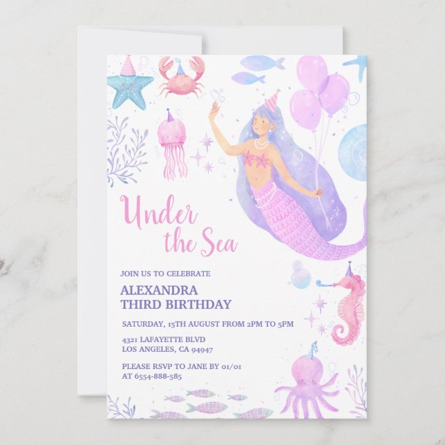 Invitation Sous l'eau Sirène Fille 3e Anniversaire Pastel  (Devant)