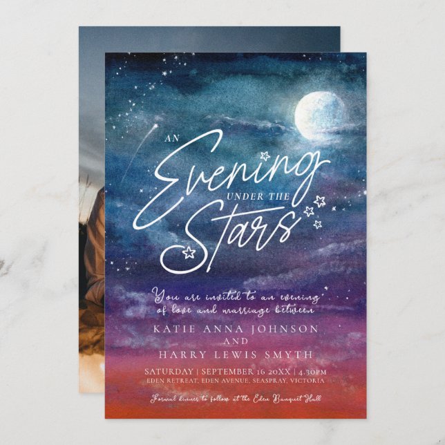 Invitation Sous les étoiles lune soirée photo mariage (Devant / Derrière)