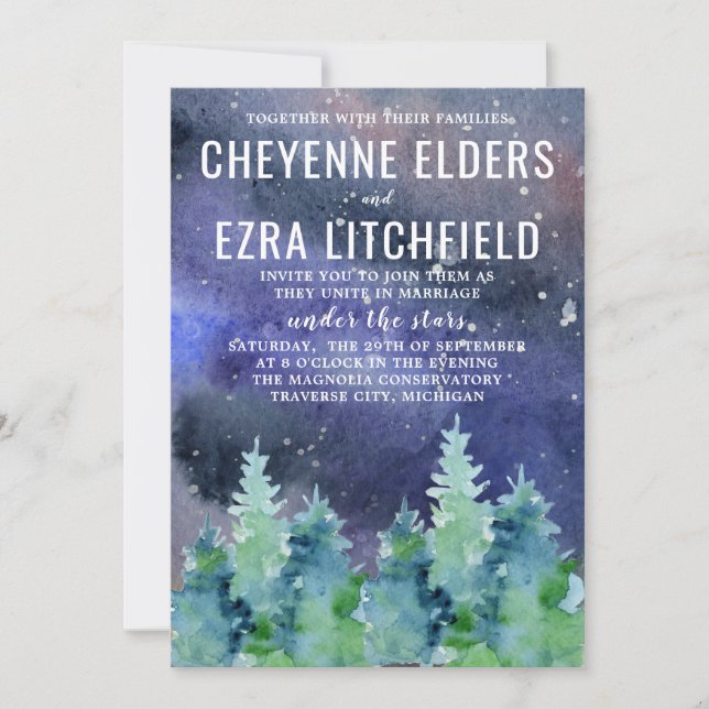 Invitation Sous les étoiles Mariage de nuit aquarelle (Devant)