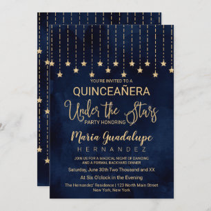 Invitation Sous les étoiles Marine Blue Gold Sparkle Quinceañ