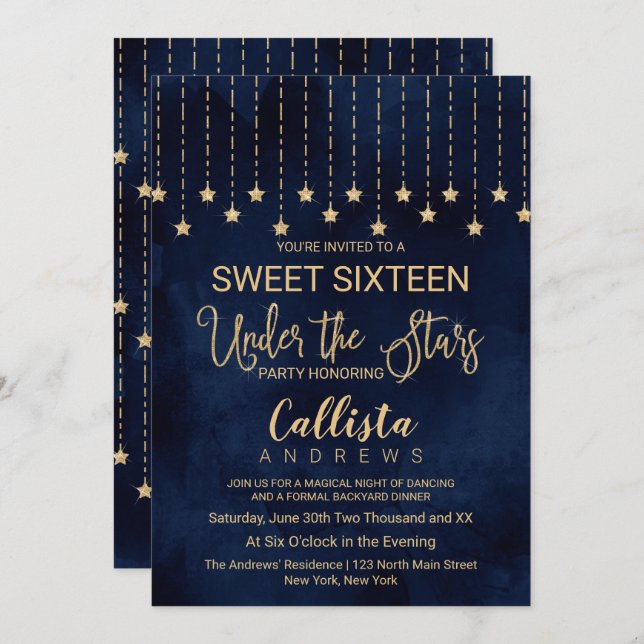 Invitation Sous les étoiles Marine Blue Gold Sparkles Sweet 1 (Devant / Derrière)