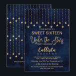 Invitation Sous les étoiles Marine Blue Gold Sparkles Sweet 1<br><div class="desc">Cette invitation à la fête d'anniversaire de Sweet sixteen de typographie "Under the Stars", élégante et chic, est le design parfait pour une belle fête en plein air. L'invitation est écrite pour une soirée dansante et un dîner, mais le libellé peut être modifié pour décrire un film extérieur, un barbecue,...</div>