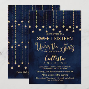 Invitation Sous les étoiles Marine Blue Gold Sparkles Sweet 1