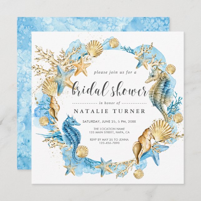 Invitation Sous l'invitation Sea Blue & Gold Bridal Shower (Devant / Derrière)