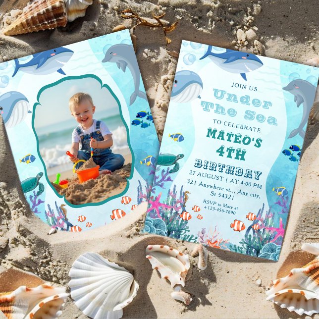 Invitation Sous l'océan 4e anniversaire avec photo (Créateur téléchargé)