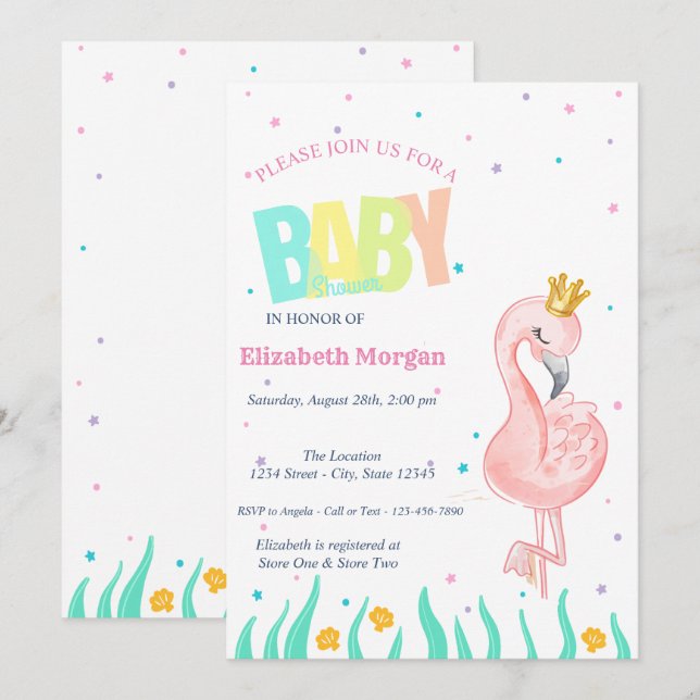 Invitation Sous l'océan, Baby Shower Bébé Flamant Rose (Devant / Derrière)