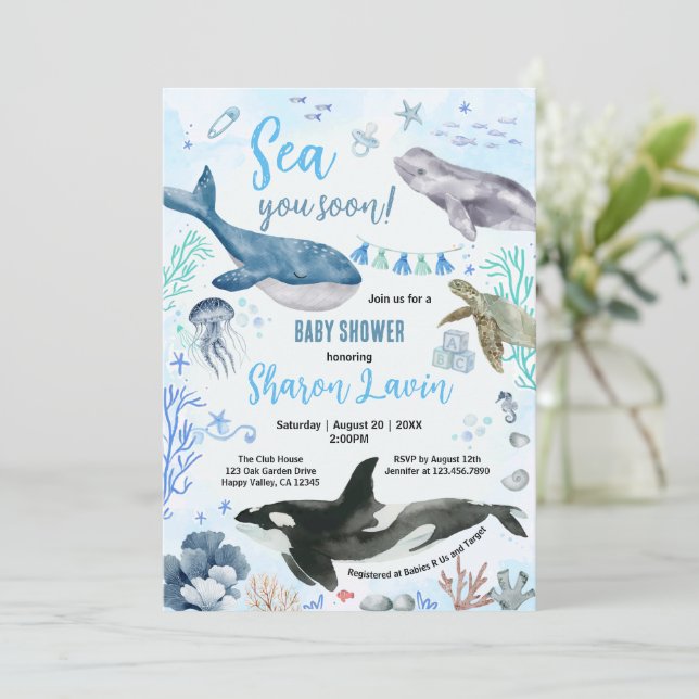 Invitation Sous l'océan Baby Shower Garçon Bleu (Debout devant)