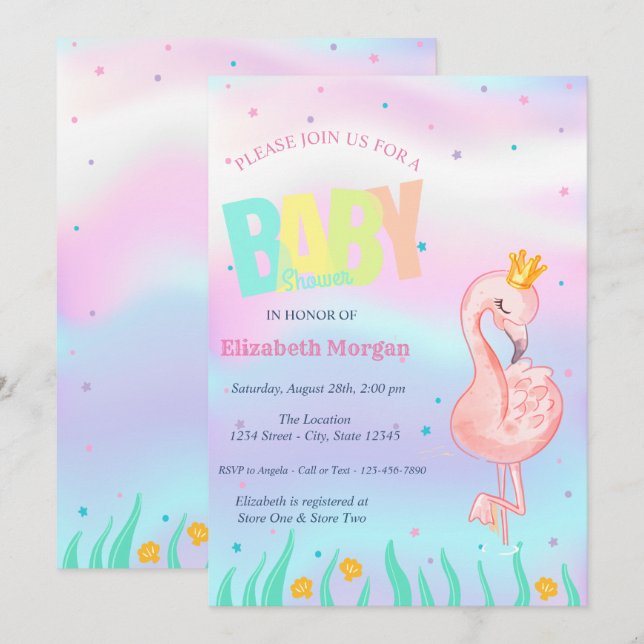 Invitation Sous l'océan, Baby Shower holographique flamant ro (Devant / Derrière)