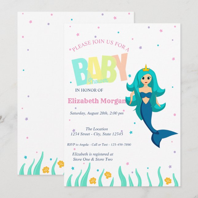 Invitation Sous l'océan, Baby Shower Sirène (Devant / Derrière)
