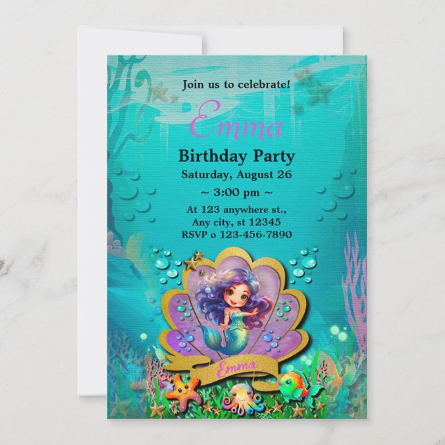 Invitation Sous l'océan et Fête d'anniversaire de fille sirèn (Devant)